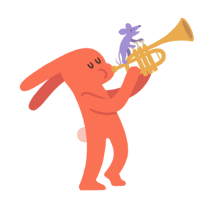 Illustration of pink anthropomorphic rabbit playing a trumpet with a purple mouse friend on the keys