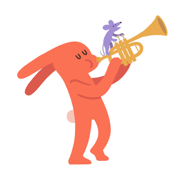 Cartoon rabbit playing a trumpet, a mouse pressing the keys